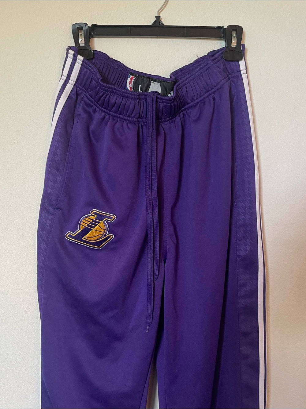 adidas Purple Lakers Logo Track Pants with White Side Stripes